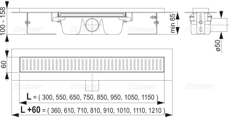 ALCAPLAST APZ1 Zuhanyfolyóka alaptest perforált rácsokhoz APZ1-550