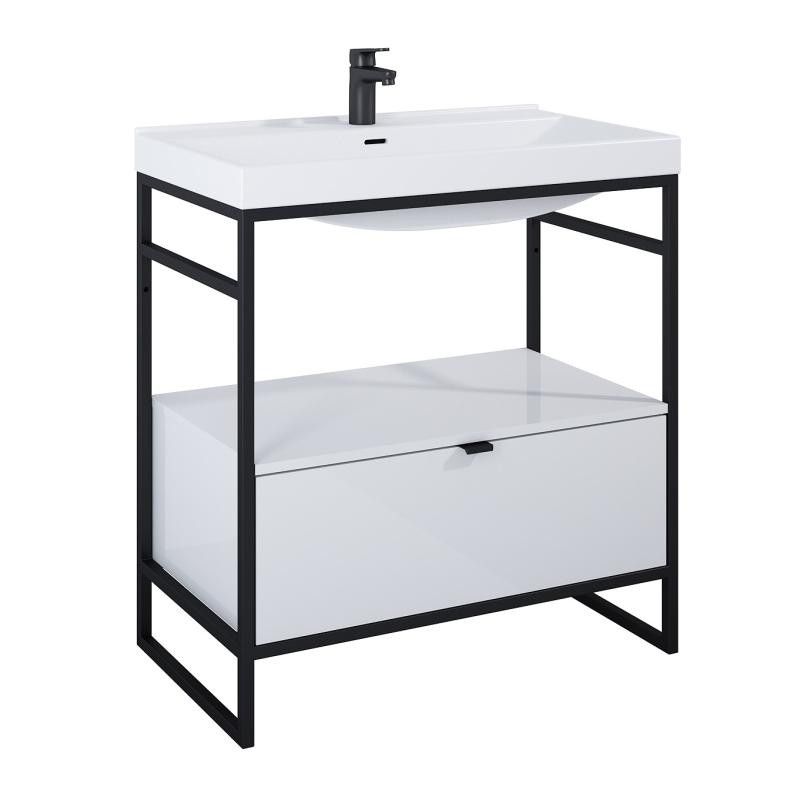 AREZZO design NEBO alsószekrény 80 cm-es, 1 fiókkal, fényes fehér, matt fekete (2 doboz) - AR-168672SET